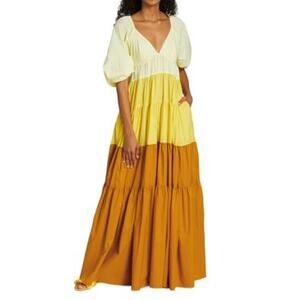 Staud Puff Sleeve Tiered Meadow Colorblock Maxi Dress in Sun Beach Medium